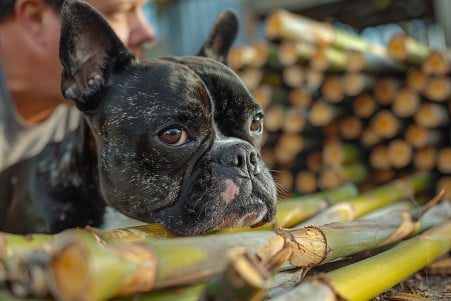 Boston Terrier cautiously sniffing a bundle of freshly cut sugar cane on the ground, with its owner watching nearby