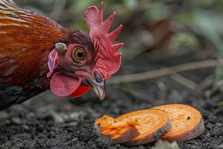 A vibrant Rhode Island Red chicken pecking at a sweet potato slice on the ground
