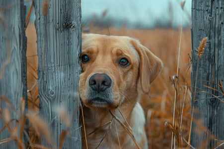 Mischievous Labrador Retriever squeezing through a hole in a wooden fence, ready to explore the peaceful, grassy field beyond