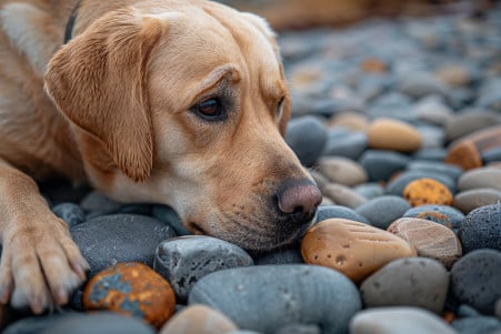 Labrador Retriever dog sniffing and eyeing a group of smooth, round river rocks on the ground