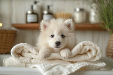 Fluffy Samoyed puppy with curious eyes enjoying its first bath in a tub, surrounded by towels and grooming supplies