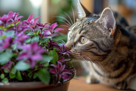 Tabby cat sniffing a purple and green wandering jew plant on a wooden table