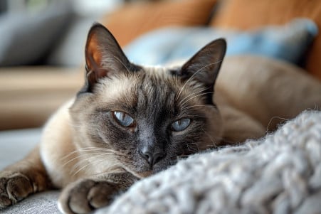An older Siamese cat lounging on a plush cushion, with a slightly coarse coat and lean body indicating its advanced age