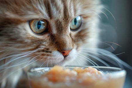 Close-up of a fluffy white Persian cat hesitantly approaching a bowl of strained fruit baby food