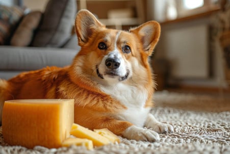 Corgi sitting next to a wheel of Gouda cheese on a beige area rug, with a wary expression