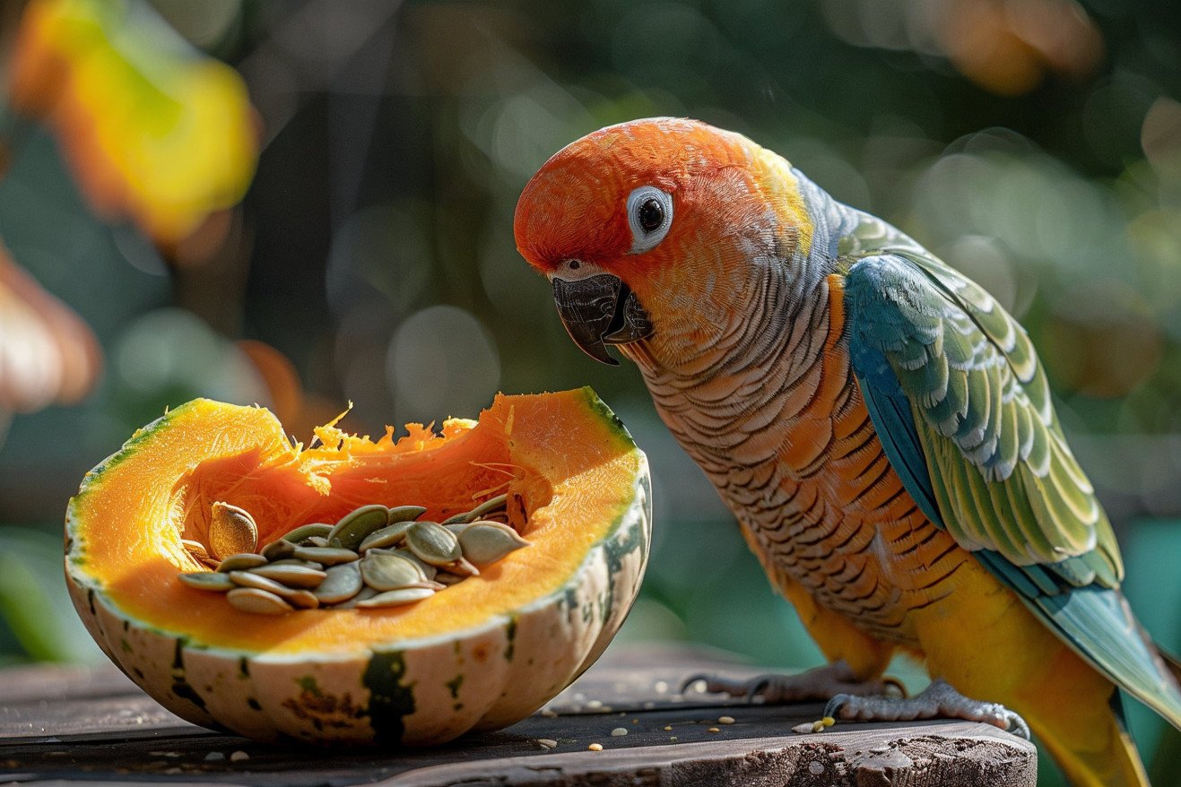 Colorful parakeet looking curiously at a pumpkin with seeds on a wooden surface