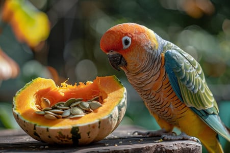 Colorful parakeet looking curiously at a pumpkin with seeds on a wooden surface