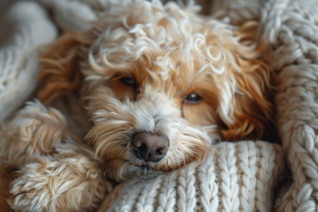 Female Poodle with a curly, white coat cuddled up in her owner's arms in a warm, indoor setting