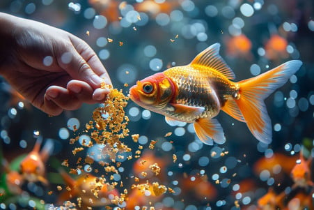 Owner's hand sprinkling goldfish flakes into an aquarium, with goldfish swimming in the background