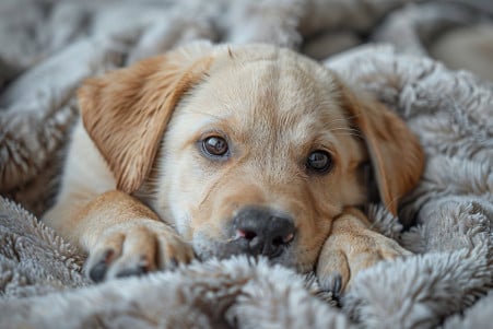 Concerned-looking Labrador Retriever puppy with matted fur, resting on a soft blanket in a veterinary office setting