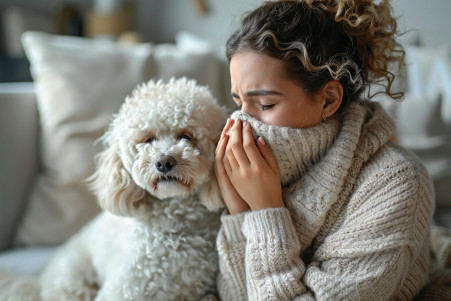 Woman grimacing and holding her nose, sitting next to a poodle with a curly, bright white coat, both reacting negatively to an unpleasant odor in a plain living space