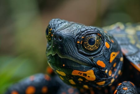 Close-up portrait of a spotted turtle with an intense, contemplative expression