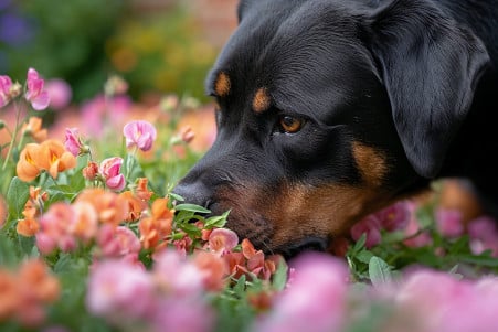 Cheerful Rottweiler sniffing sweet peas on the ground in an outdoor garden, with toxic sweet pea flowers in the background