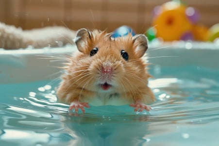 Syrian hamster with golden-brown fur paddling in a shallow wading pool, with a cautious expression on its face
