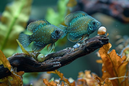 Pair of fish examining a snail shell on the substrate of a natural-looking aquarium