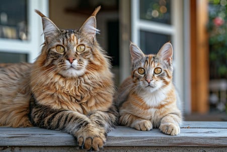 A large, fluffy Maine Coon cat sitting next to a smaller, sleek-coated domestic house cat