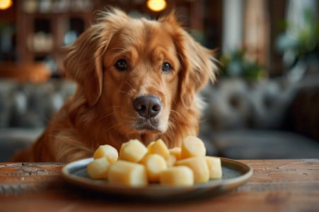 A fluffy Golden Retriever sitting attentively next to a plate containing small pieces of rutabaga, looking interested