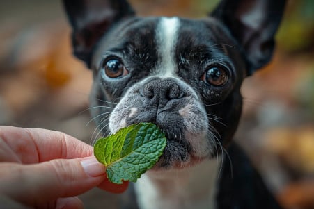 Boston Terrier with a black and white coat eating a single mint leaf from the owner's hand, with a pleased expression