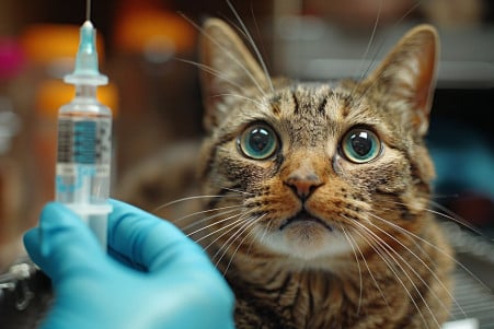 Close-up of a tabby cat's worried face as a gloved hand brings a syringe near its mouth on a veterinary examination table