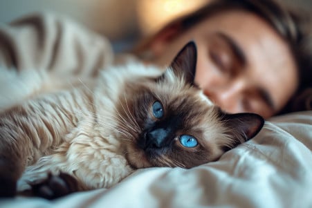 Siamese cat with piercing blue eyes gazing up at its owner's face as the person sleeps