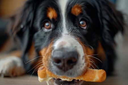 Bernese Mountain Dog with a slightly guilty expression as its owner takes away a half-eaten mozzarella stick