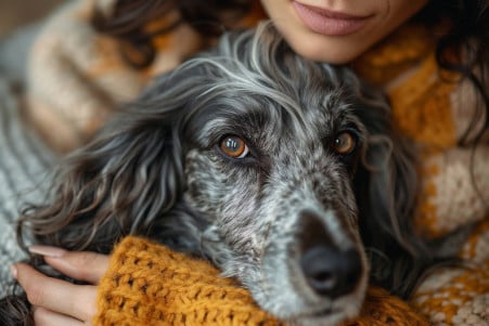 A worried owner gently holding the cold, shivering ears of an Afghan Hound in a cozy indoor setting