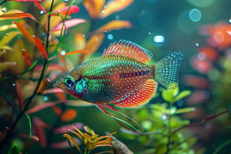 Close-up of a colorful Dwarf Gourami fish picking at algae on aquarium decor