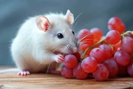 Curious white rat with black spots examining a bunch of red grapes on a wooden table in natural light