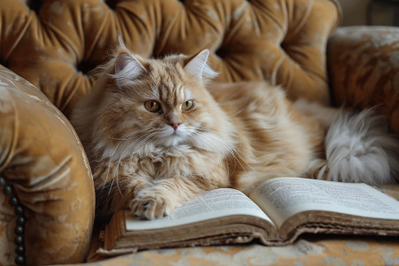 Persian cat curled up on a velvet armchair, reading an open book on the history of language