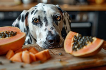 Playful Dalmatian dog pawing at a sliced papaya on a wooden cutting board