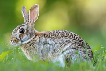 Side profile of a crouching wild rabbit with distinctive spotted fur and muscular build