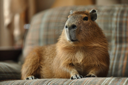 Medium-sized capybara sitting uncomfortably on a couch in a household setting