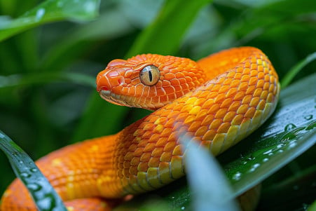 Bright orange snake slithering through tall grass, its body and tail in motion with head turned towards the camera