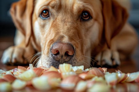 Close-up of a Labrador Retriever's nose sniffing a pile of cut onions on the floor, with curious eyes