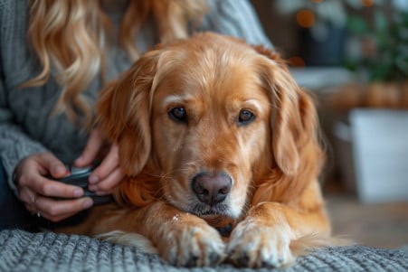 Golden retriever's paw being held by their owner as they use a nail grinder to trim the dog's nails in a warm, inviting home setting