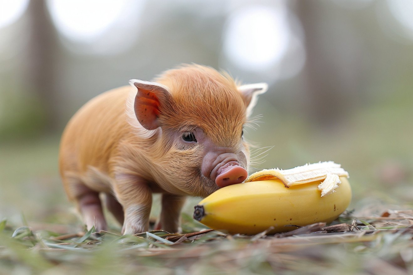 Miniature Kunekune piglet curiously sniffing a peeled banana on the ground in a grassy outdoor setting