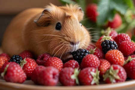 Eager Abyssinian Guinea Pig sniffing ripe blackberries on a warm-colored tabletop