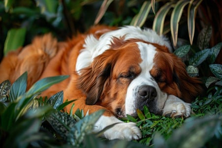 A large, fluffy St. Bernard dog resting peacefully in a lush, green environment