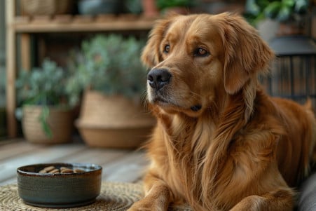 Golden Retriever sitting patiently next to a food bowl, with a thoughtful expression