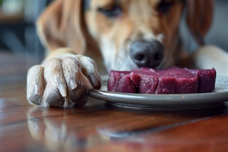Close-up shot of a Beagle's paw reaching towards a slice of ube on a plate