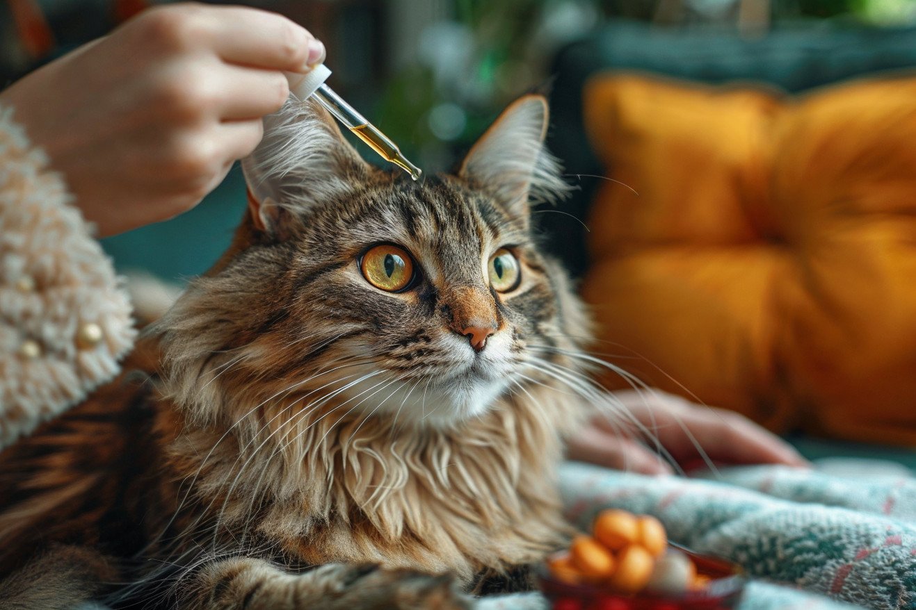 Maine Coon cat sitting patiently while its owner carefully gives it liquid medicine using a dropper