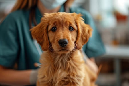 Veterinarian comforting a golden retriever puppy during a leptospirosis vaccination in a veterinary clinic