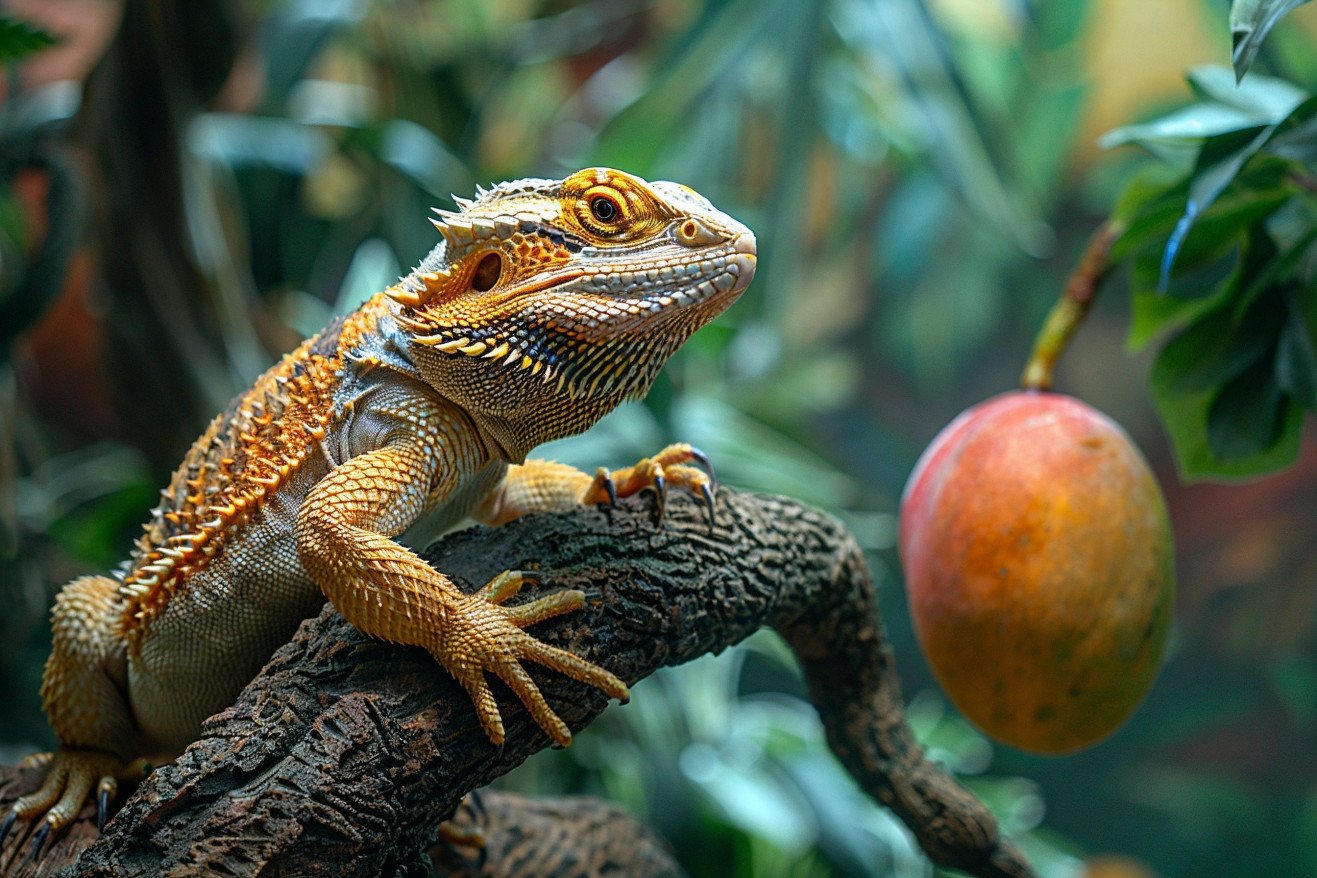 Curious bearded dragon perched on a branch, looking at a ripe mango hanging nearby in a lush, tropical forest setting