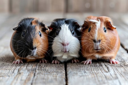 Three guinea pigs, one with a comical facial expression, in a simple setting highlighting their amusing gas-passing behavior