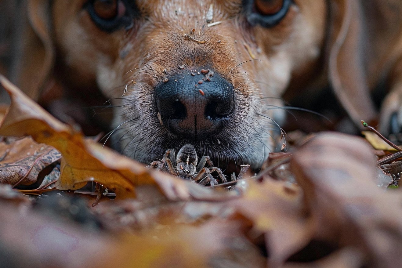 Overhead view of a wolf spider emerging from leaves next to a curious dog sniffing the ground