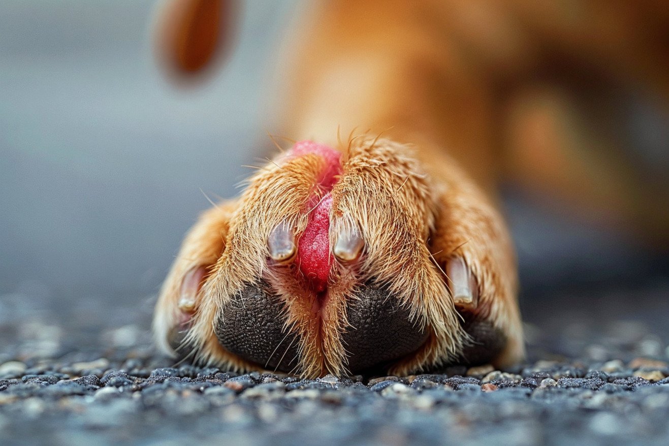 Close-up of a Labrador Retriever's paw, revealing a red, inflamed interdigital cyst on one of the toes