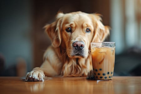 Worried Labrador Retriever sitting next to a glass of boba tea, cautiously observing the drink