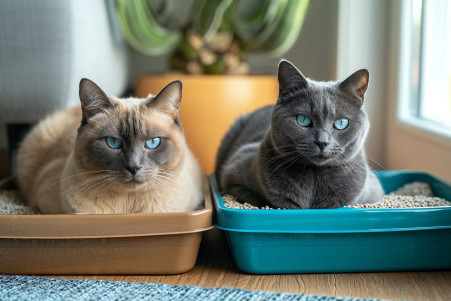 A Siamese and a Russian Blue cat each using separate litter boxes in a clean room