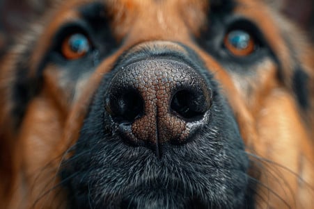 Close-up of a German Shepherd dog's damp, shiny nose