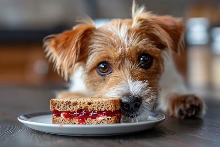 Jack Russell Terrier sniffing at a small plate with a peanut butter and jelly sandwich on a kitchen counter